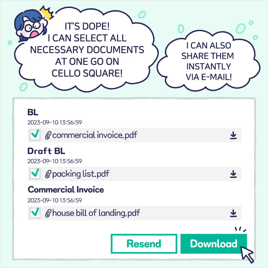 IT'S DOPE! I CAN SELECT ALL NECESSARY DOCUMENTS AT ONE GO ON CELLO SQUARE! I CAN ALSO SHARE THEM INSTANTLY VIZ E-MAIL!